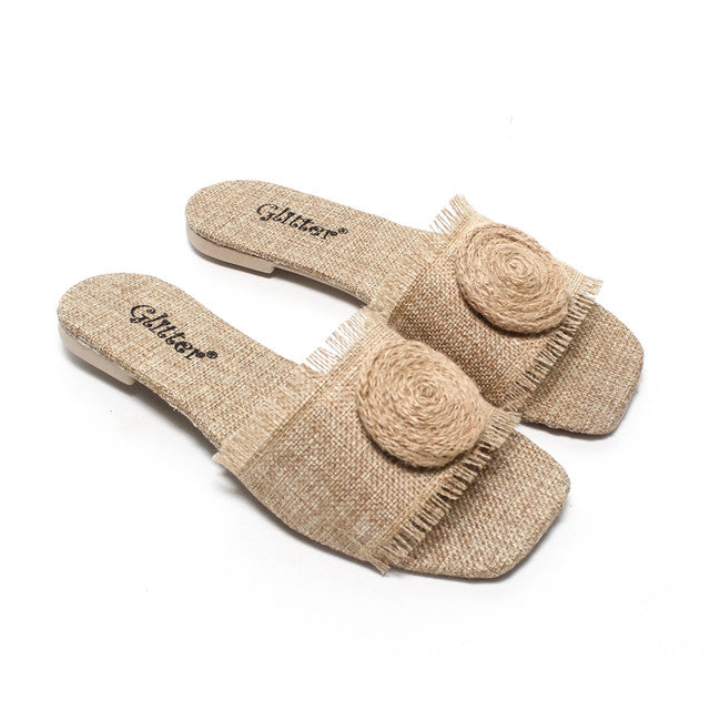 Jute Detail Canvas Slippers - Beige