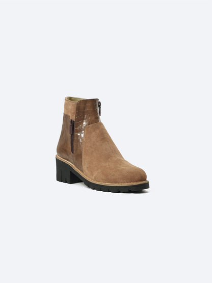 Suede Half Boot With Crocodile Leather And Double Zipper