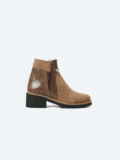 Suede Half Boot With Crocodile Leather And Double Zipper