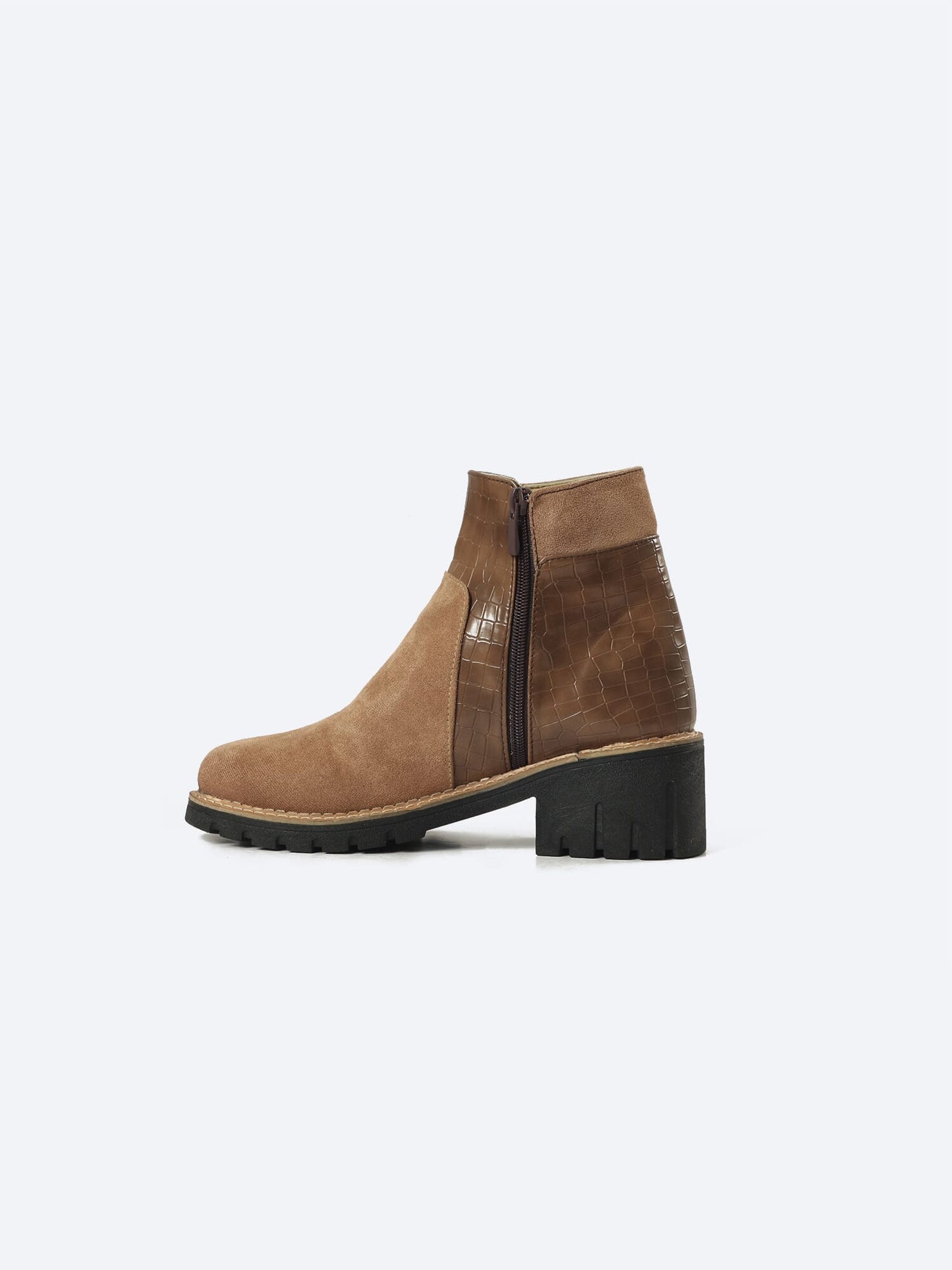 Suede Half Boot With Crocodile Leather And Double Zipper