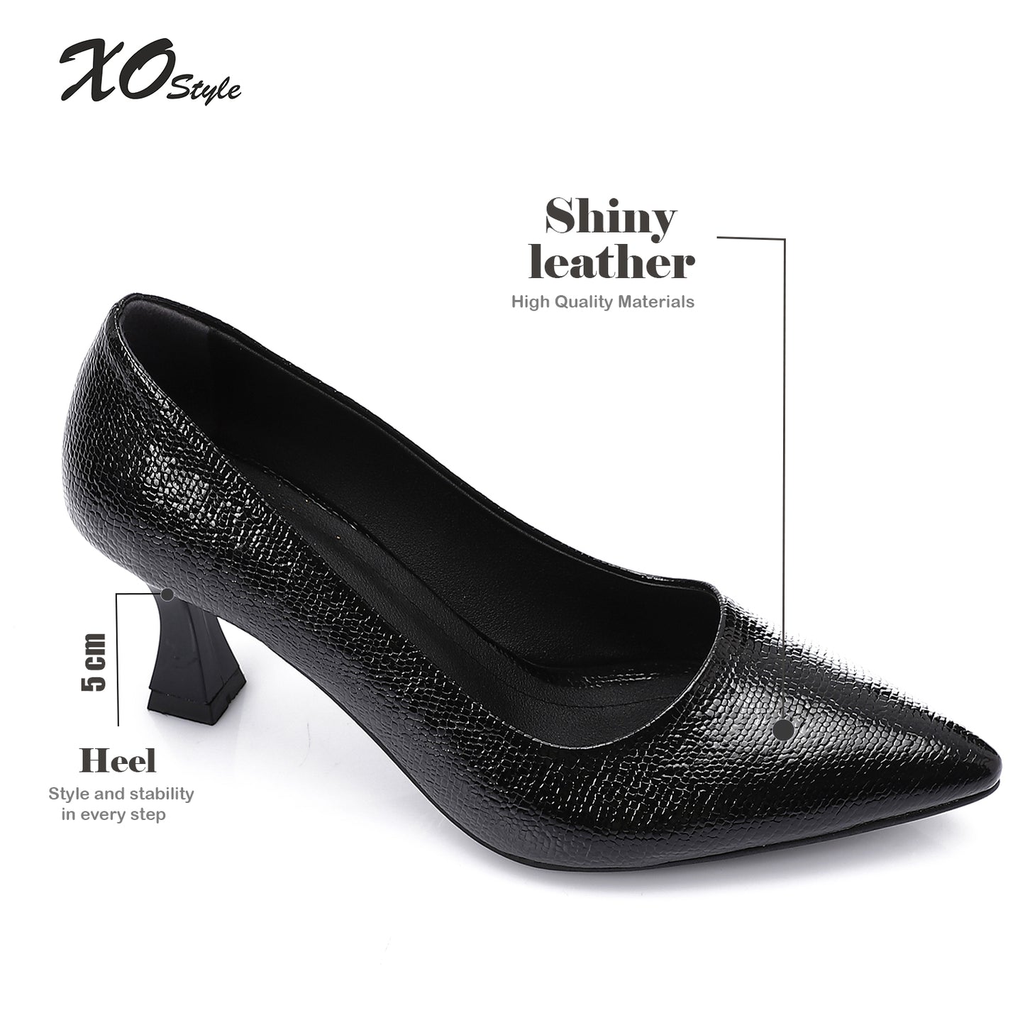 Faux Leather Textured Pointed-Toe Kitten Heels - Black