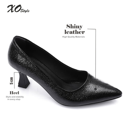 Faux Leather Textured Pointed-Toe Kitten Heels - Black