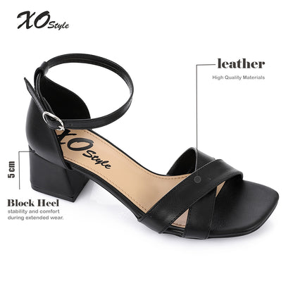 Faux Leather Solid Block Heel Sandals – Black