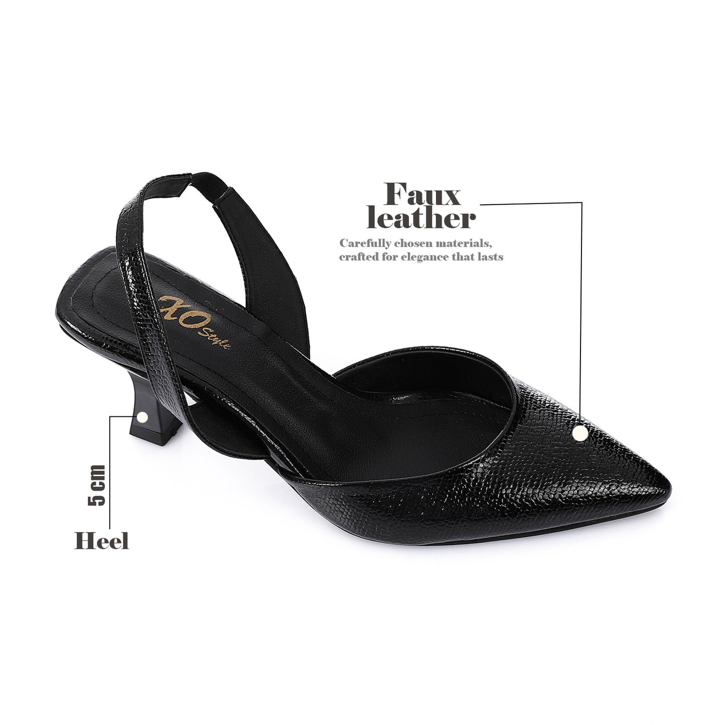 Faux Leather Metallic Slingback Kitten Heel Pumps – Black