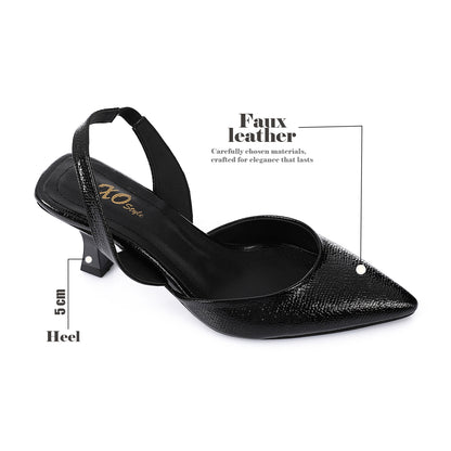 Faux Leather Metallic Slingback Kitten Heel Pumps – Black