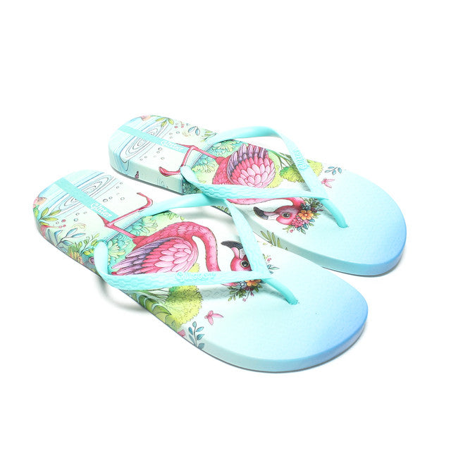 Flamingo Print Flip Flops - Green