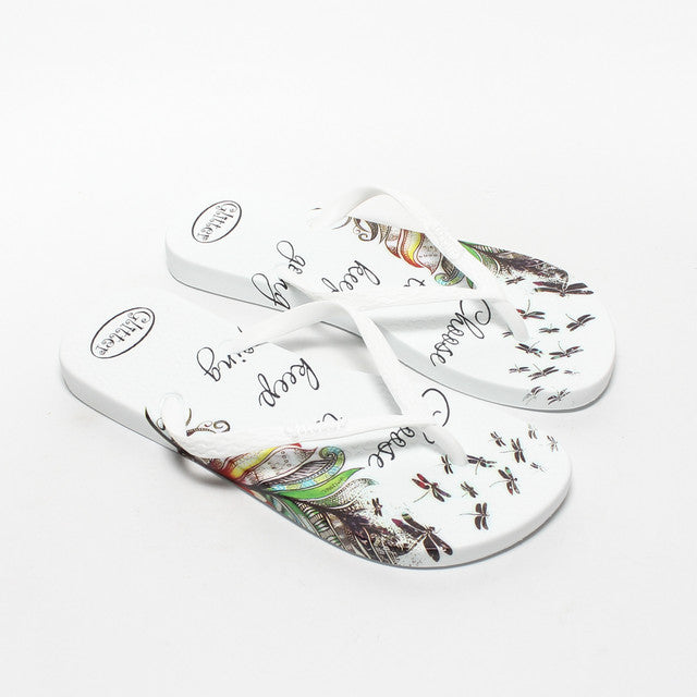 Dragonfly Print Flip Flops - White