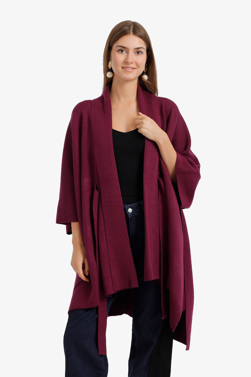 Plain Self-Tie Knit Poncho – Deep Purple