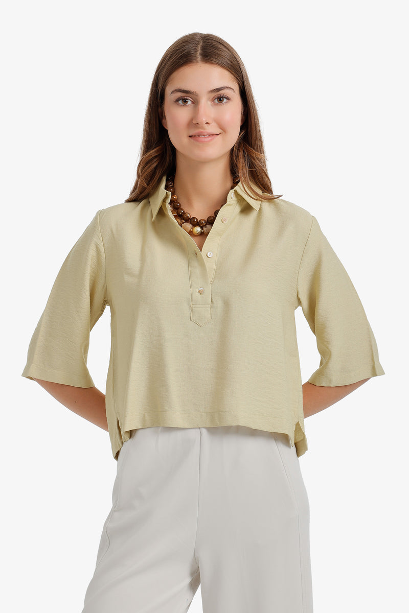 Half-Placket Cropped Shirt - Light Yellow