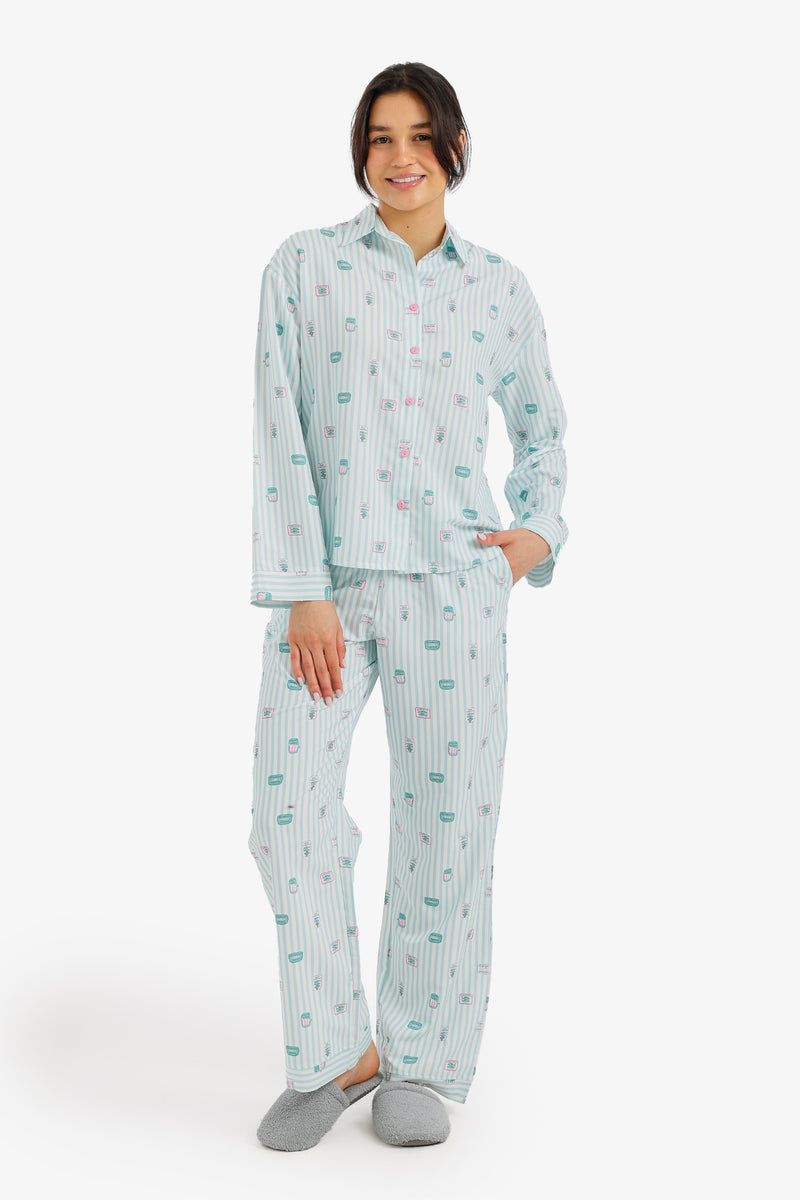 Striped Printed Pajama Set - Mint Green