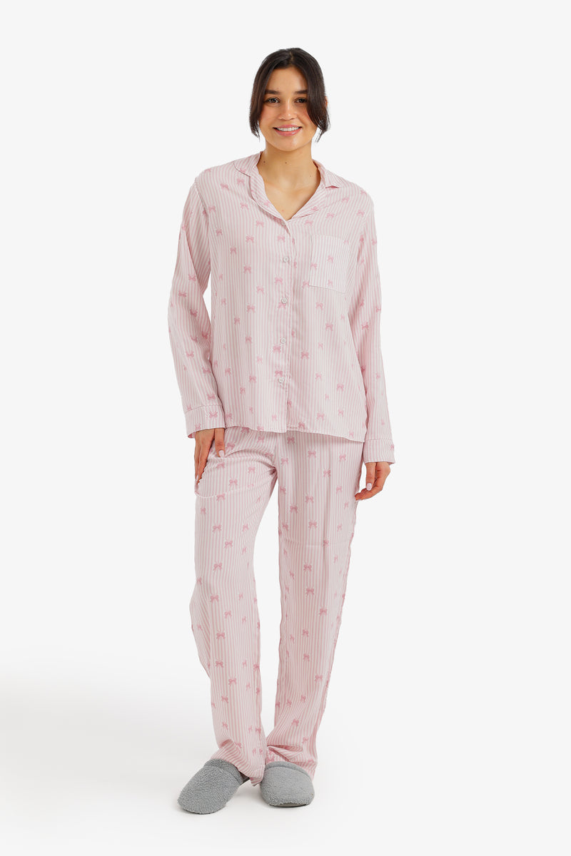 Striped Bow Pyjama Set - Light Pink