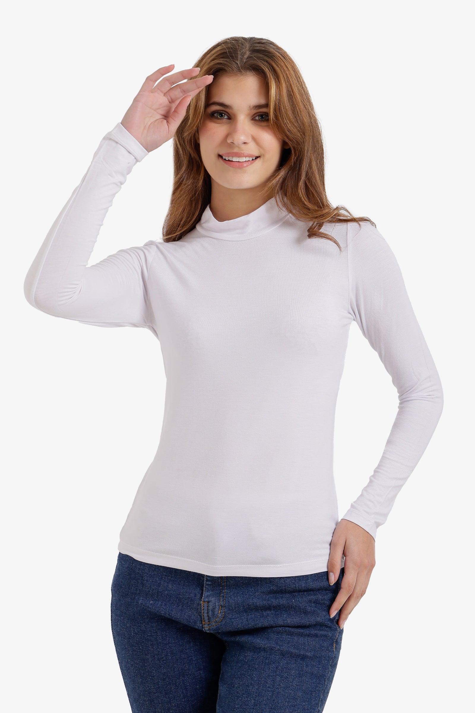 Mock Neck Long Sleeve Basic Top - White