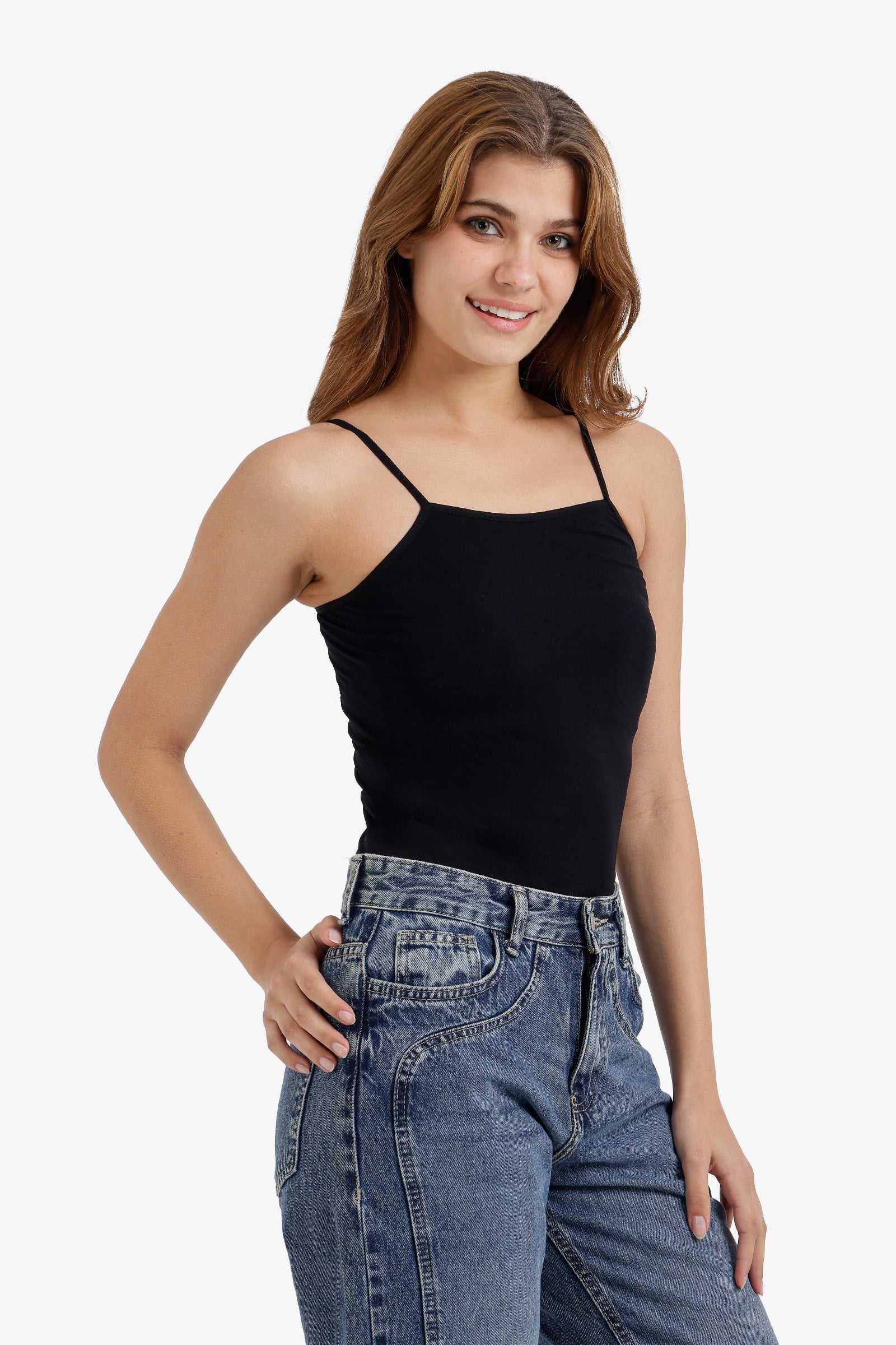 Square Neck Strappy Slim Top - Black