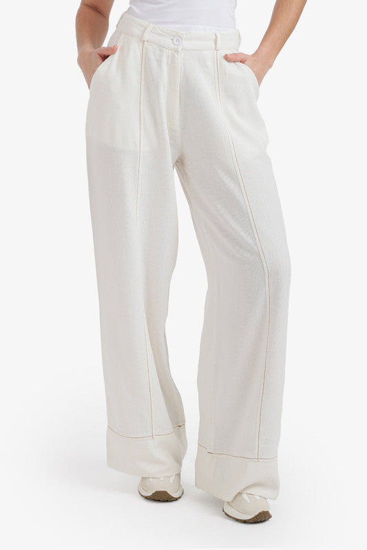 Contrast-Stitch Wide Leg Pants – White