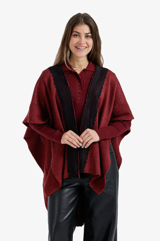 Knit Poncho Lace Trim Detail – Light Burgundy