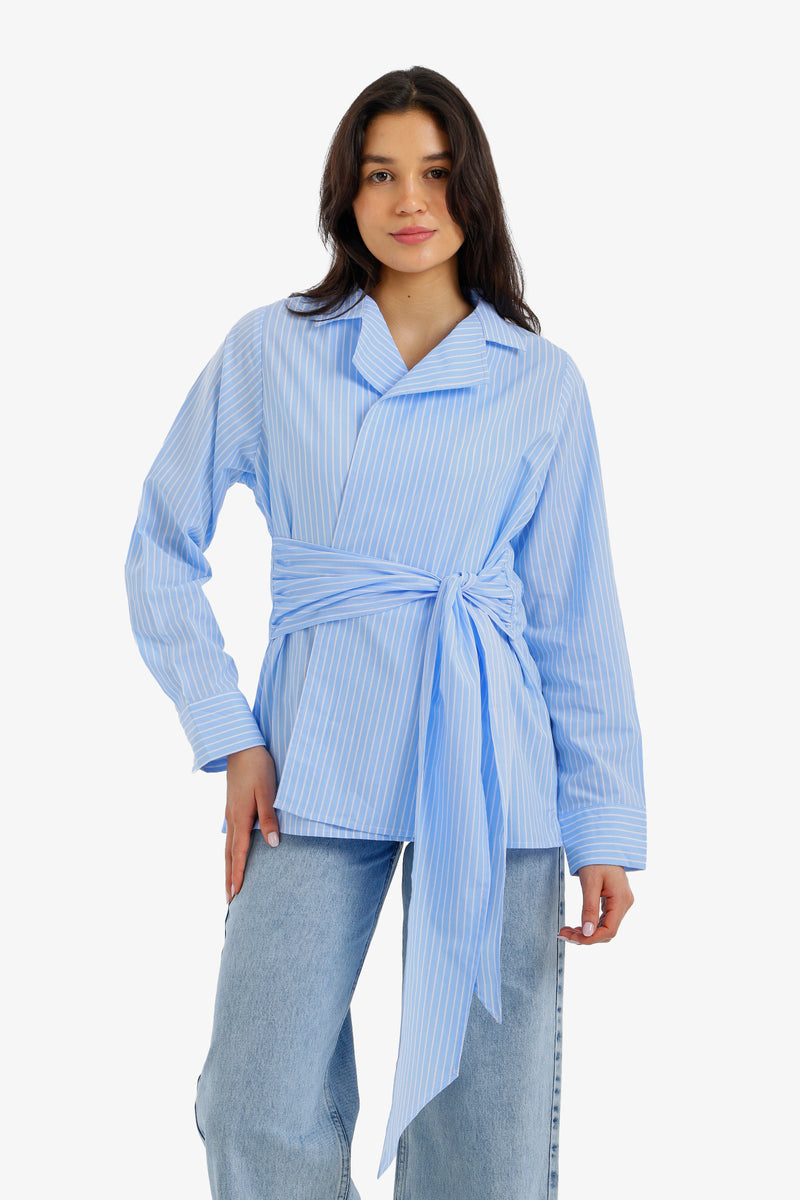 Striped Belted Shirt - Blue