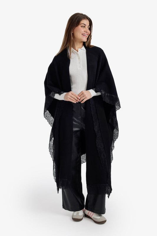 Knit Poncho Lace Hem Detail – Black
