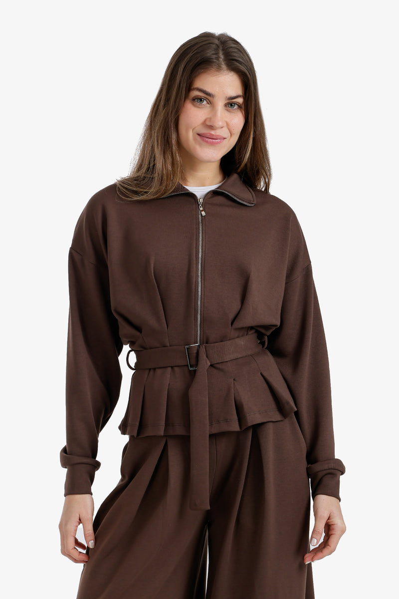 Solid Zip-Up Belted Lounge Jacket – Dark Brown