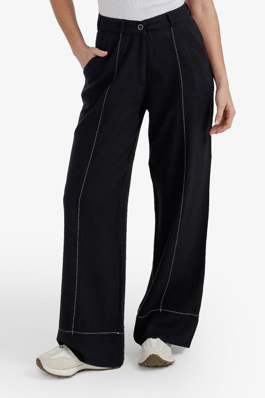 Contrast-Stitch Wide Leg Pants – Black