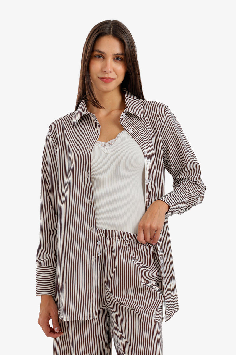 Striped Button-Down Shirt - Brown & White