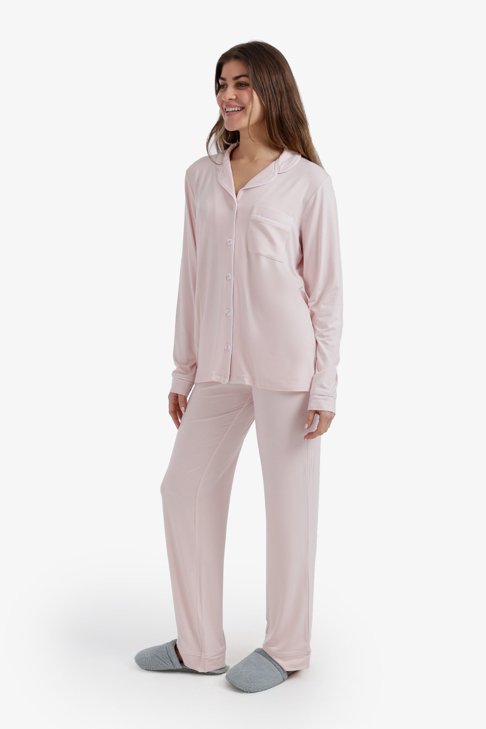 Solid Contrast Piping Pajama Set – Peach Blossom