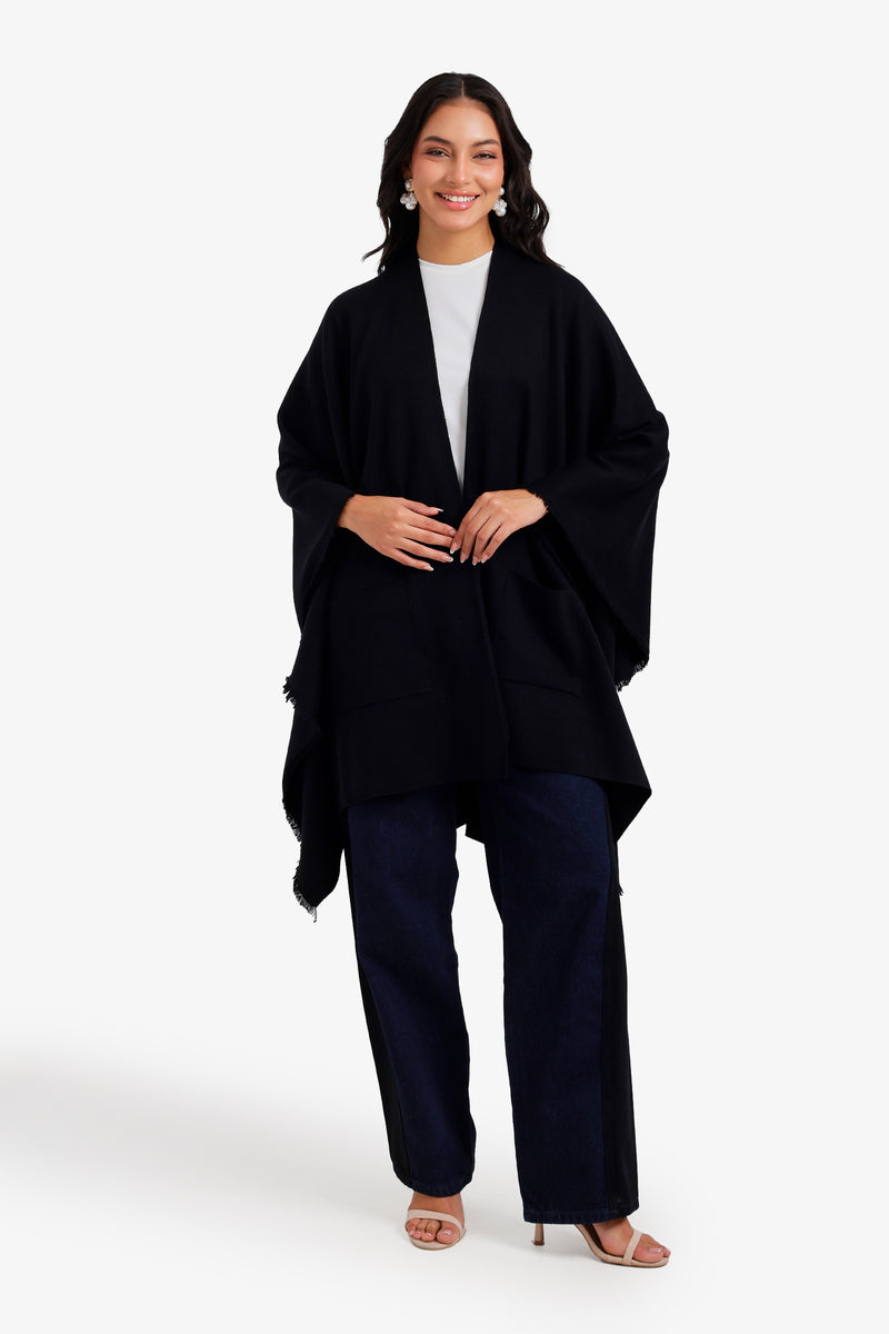 Fringed Open-Front Pocket Poncho – Black