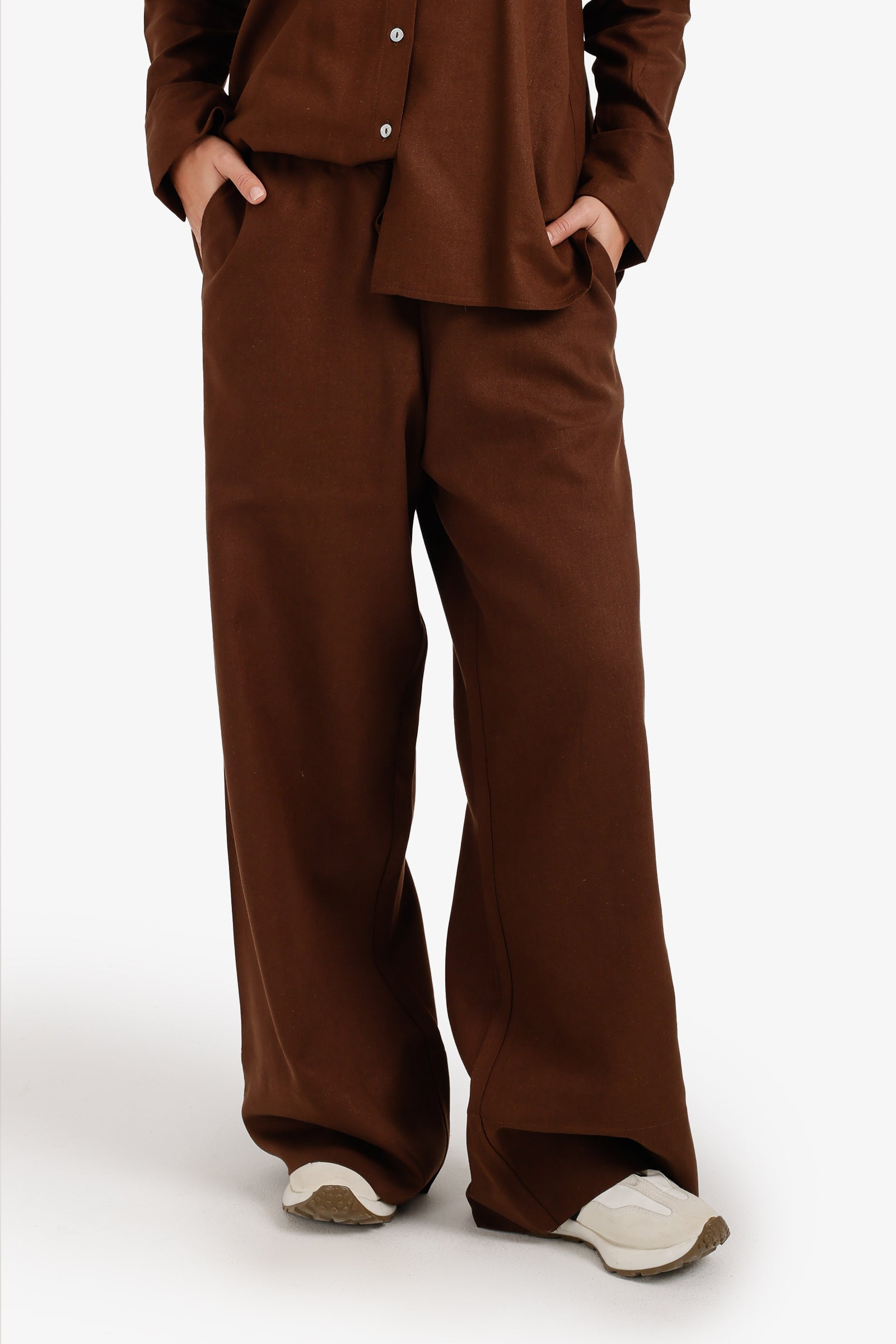 Plain Elastic Wide-Leg Pants – Dark Brown