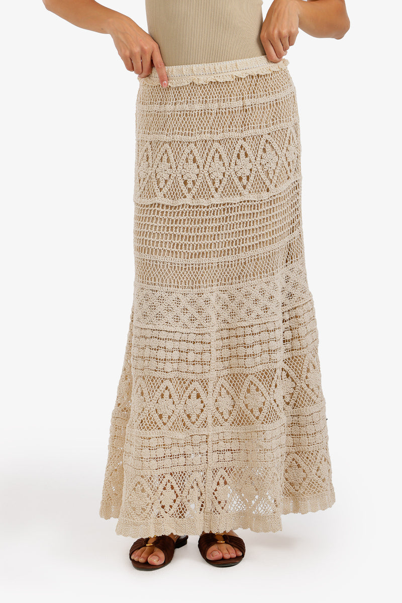 Tiered Crochet Maxi Skirt - Beige