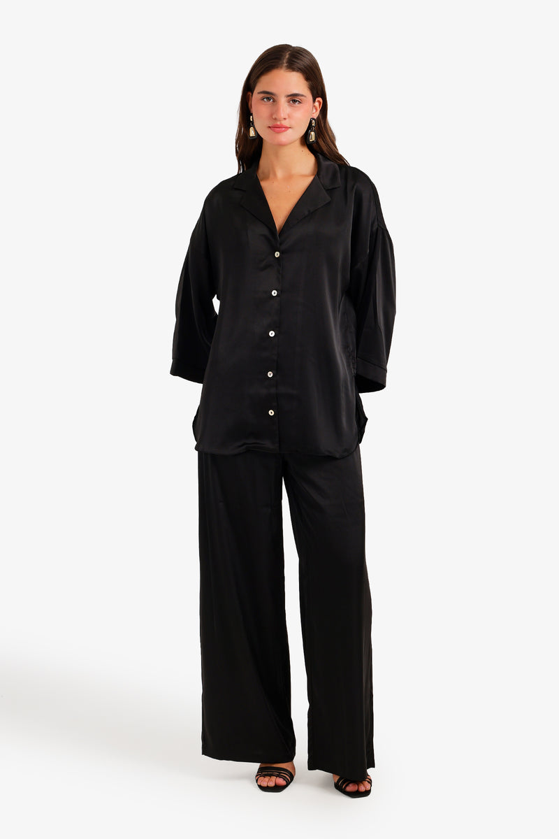 Solid Contrast-Button Satin Set – Black