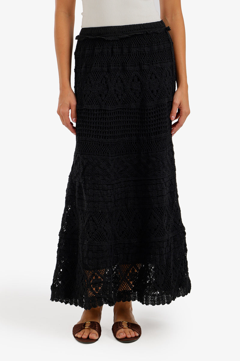 Tiered Crochet Maxi Skirt - Black