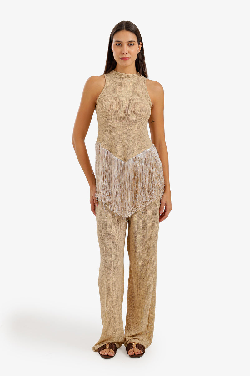 Fringed Perforated Beach Set - Beige