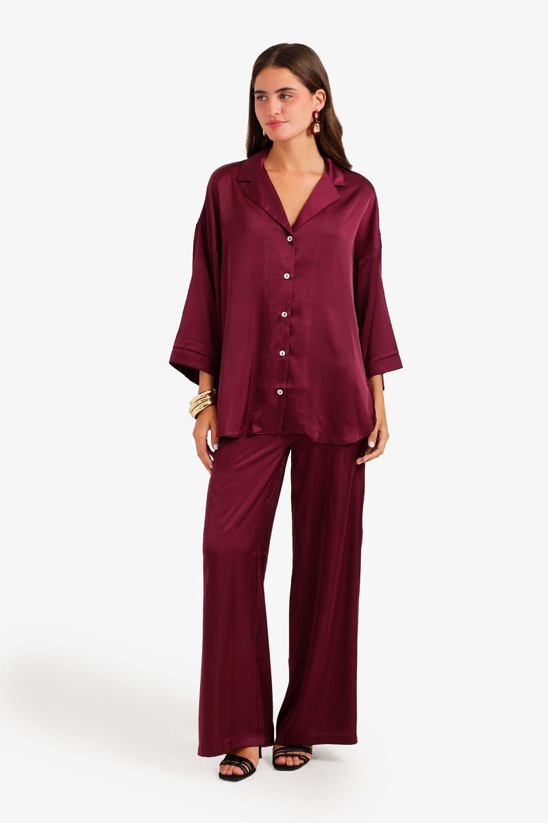 Solid Contrast-Button Satin Set – Burgundy