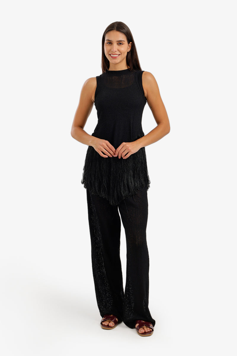 Fringed Perforated Beach Set - Black
