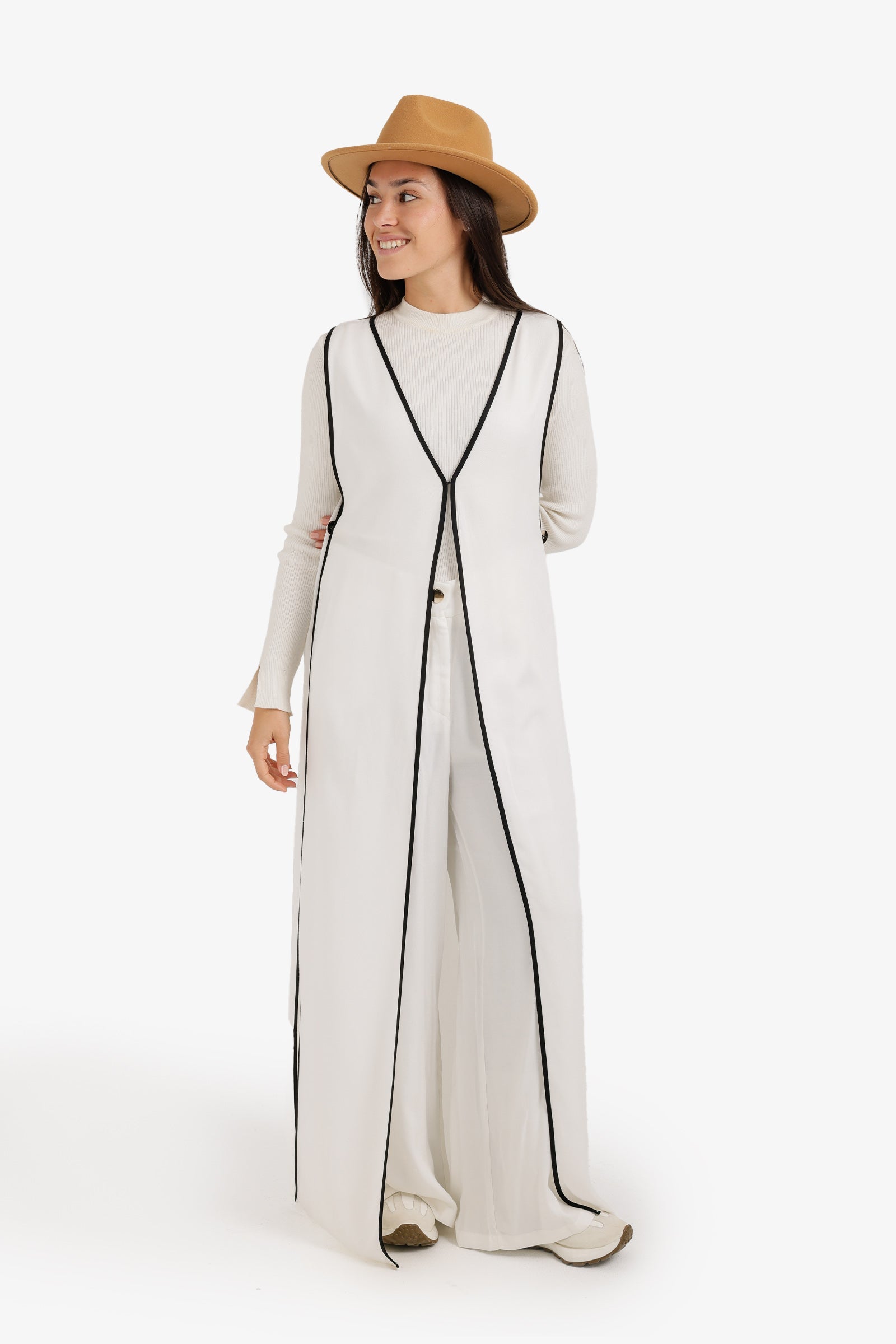 Contrast Panel Relaxed Maxi Vest – Off White