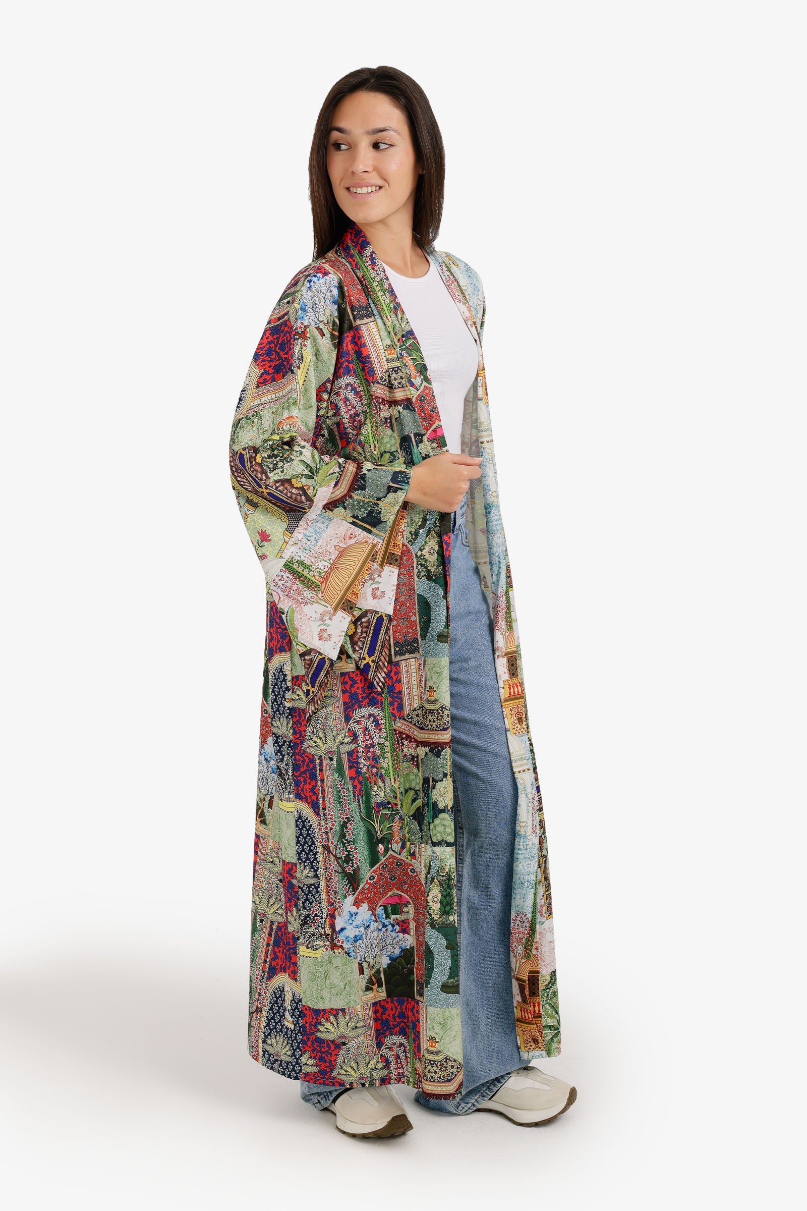 Scenic-Print Kimono Relaxed Fit Maxi Length – Multicolor
