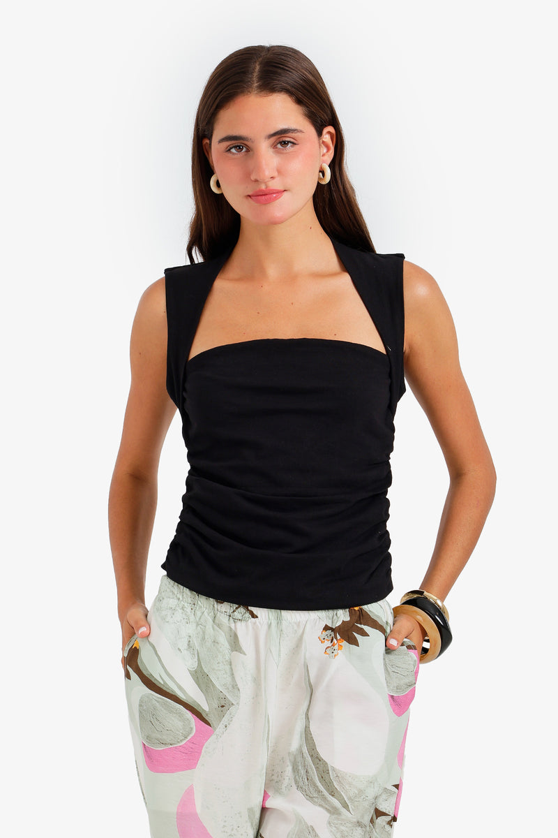 Ruched Cutout Neck Top - Black