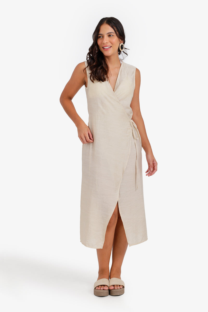 Sleeveless Midi Wrap Dress – Light Beige