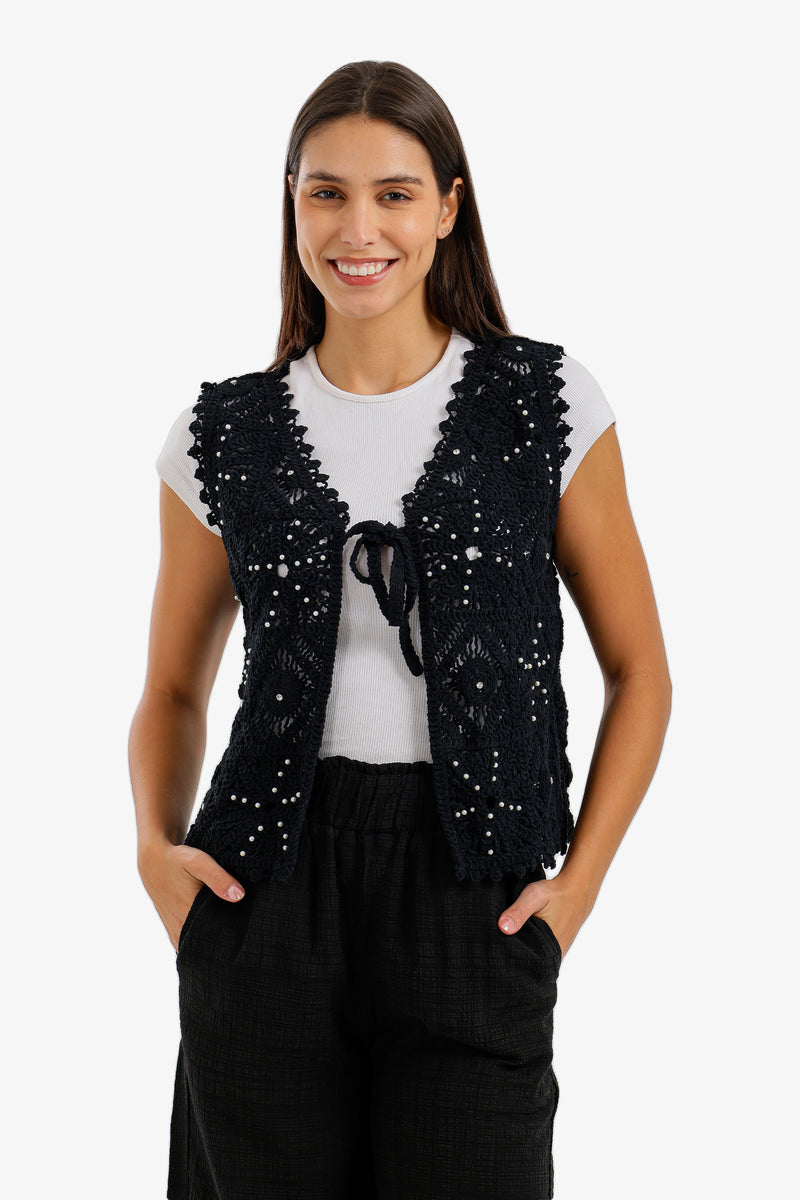 Tie-Front Crochet Kimono - Black