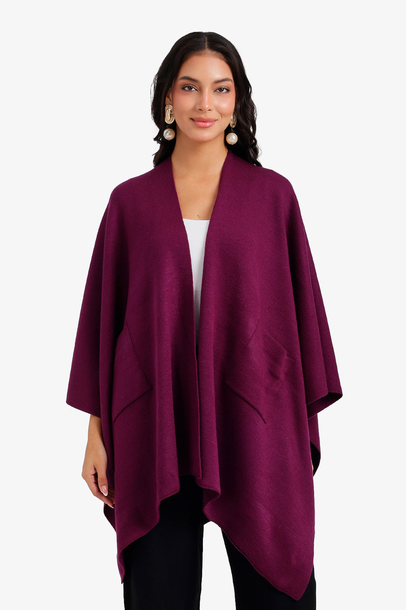 Plain Asymmetrical Pocket Poncho – Wine