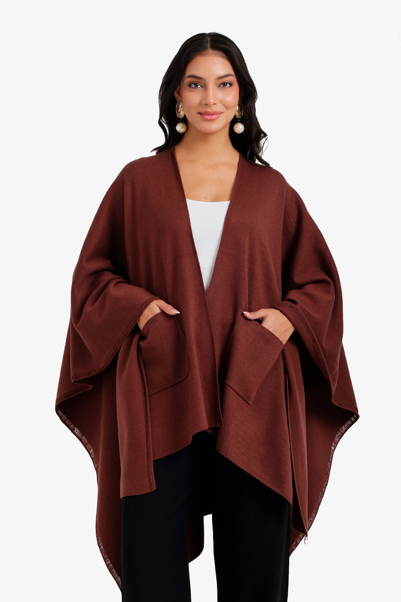 Fringed Open-Front Pocket Poncho – Dark Brown