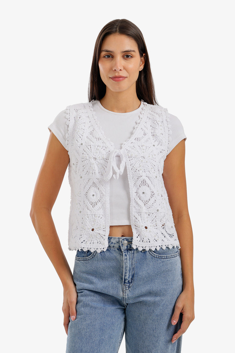Tie-Front Crochet Kimono - White