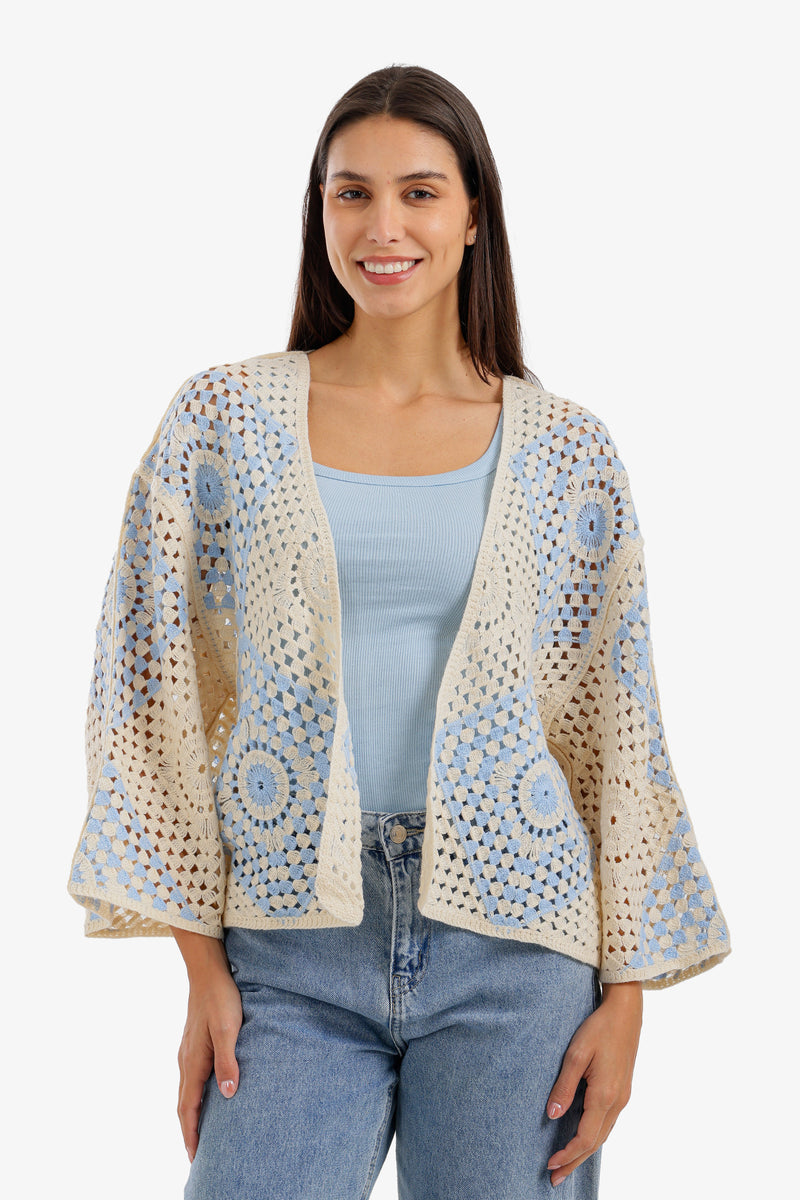 Two-Tone Crochet Kimono - Light Blue