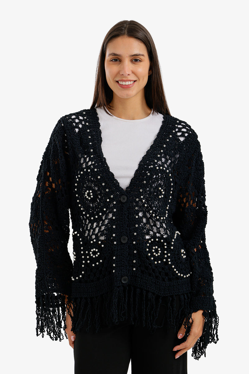 Fringed Crochet Kimono - Black