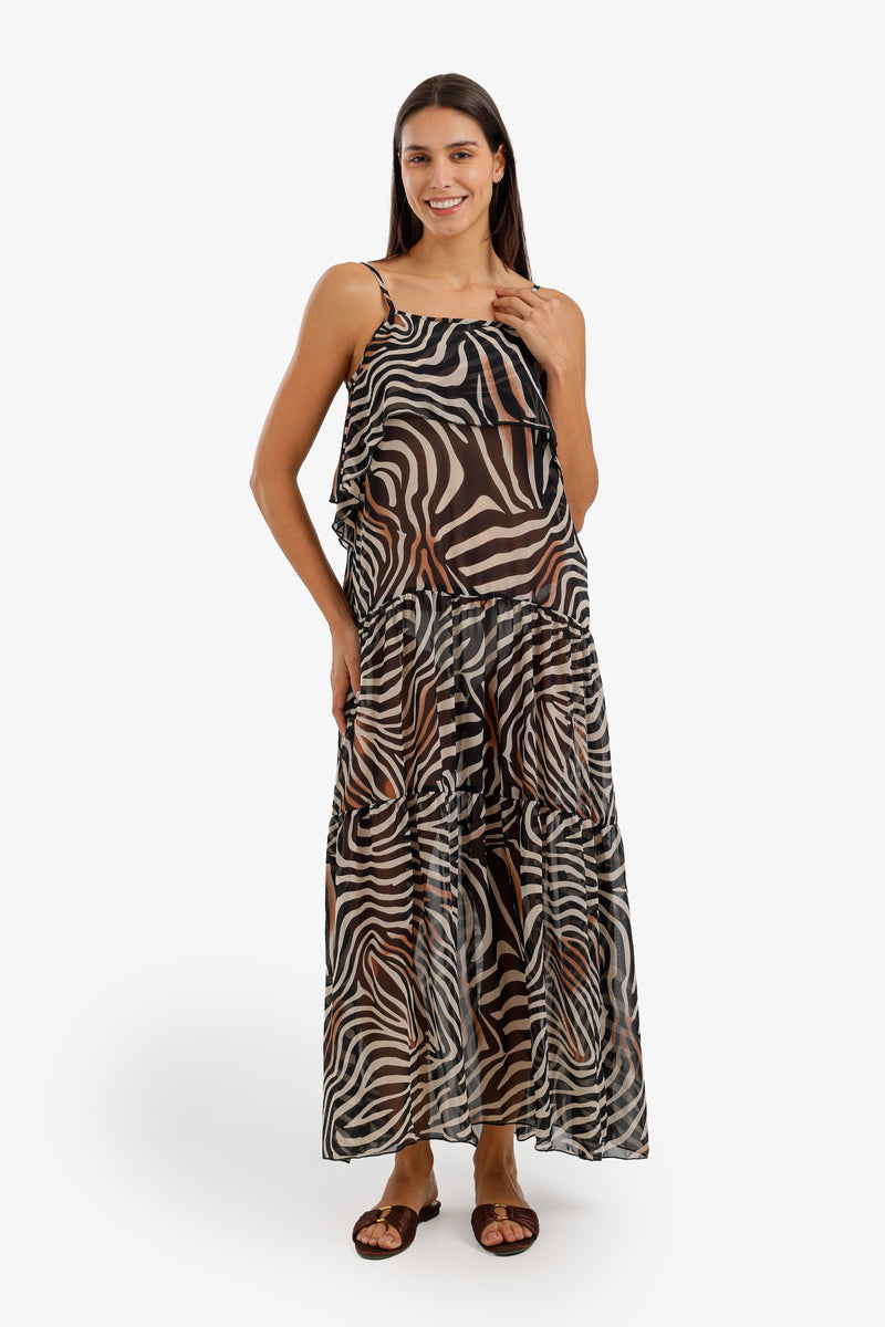 Zebra-Print Tiered Beach Dress - Brown