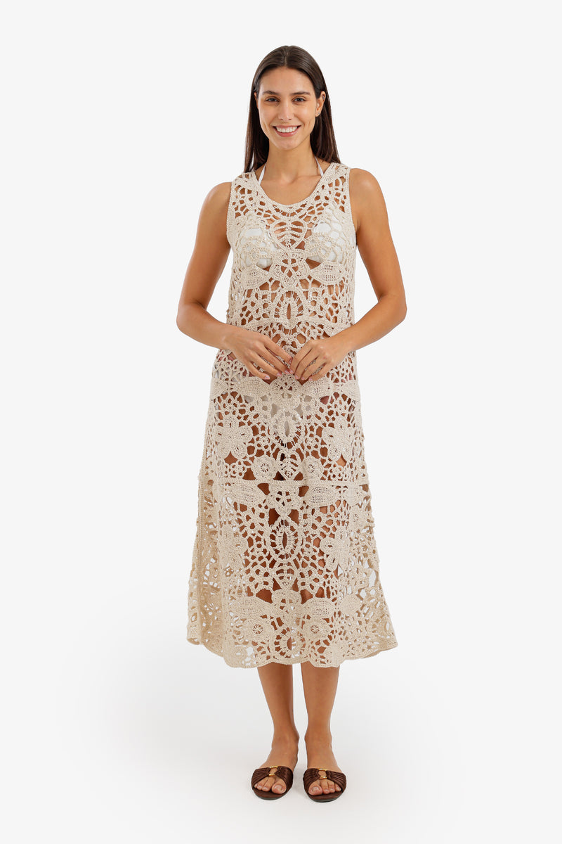 Floral Crochet Beach Dress - Beige