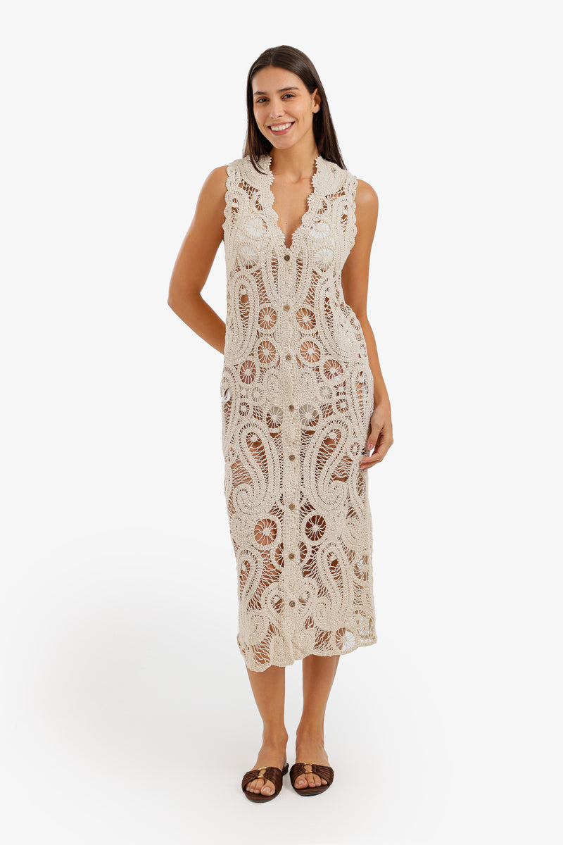 Button-Front Beach Dress - Beige