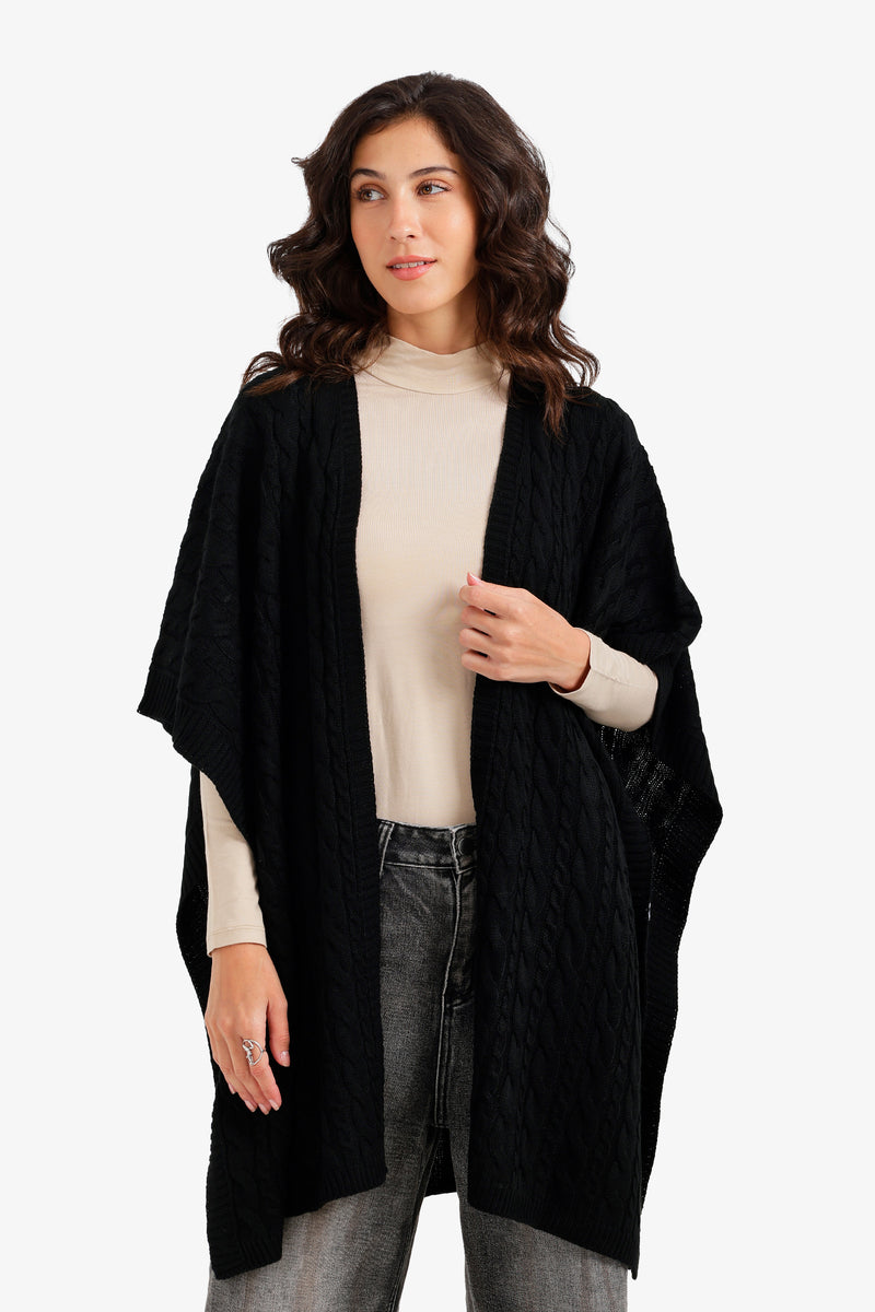 Cable-Knit Open-Front Poncho – Black