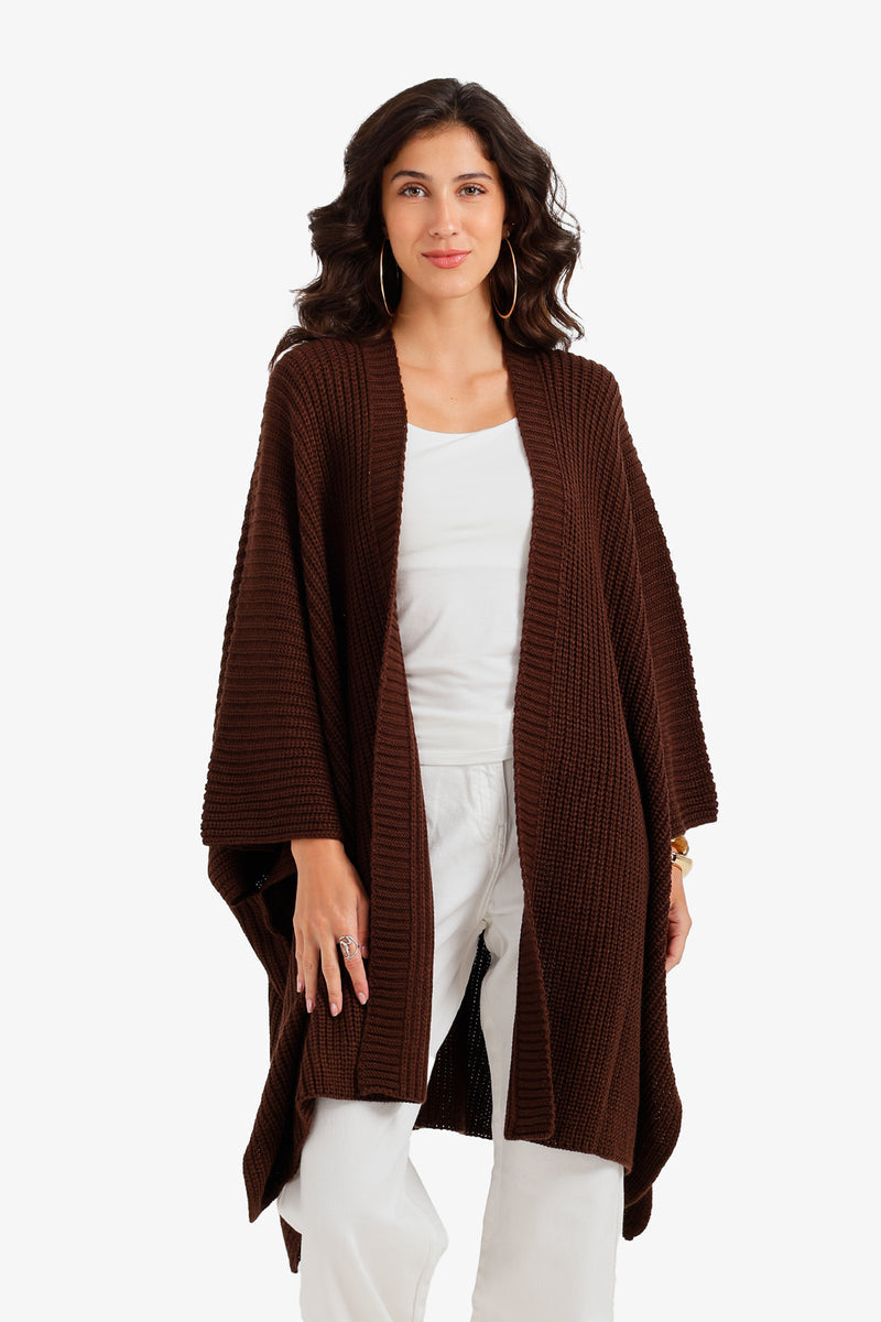 Ribbed Open-Front Batwing Poncho – Dark Brown