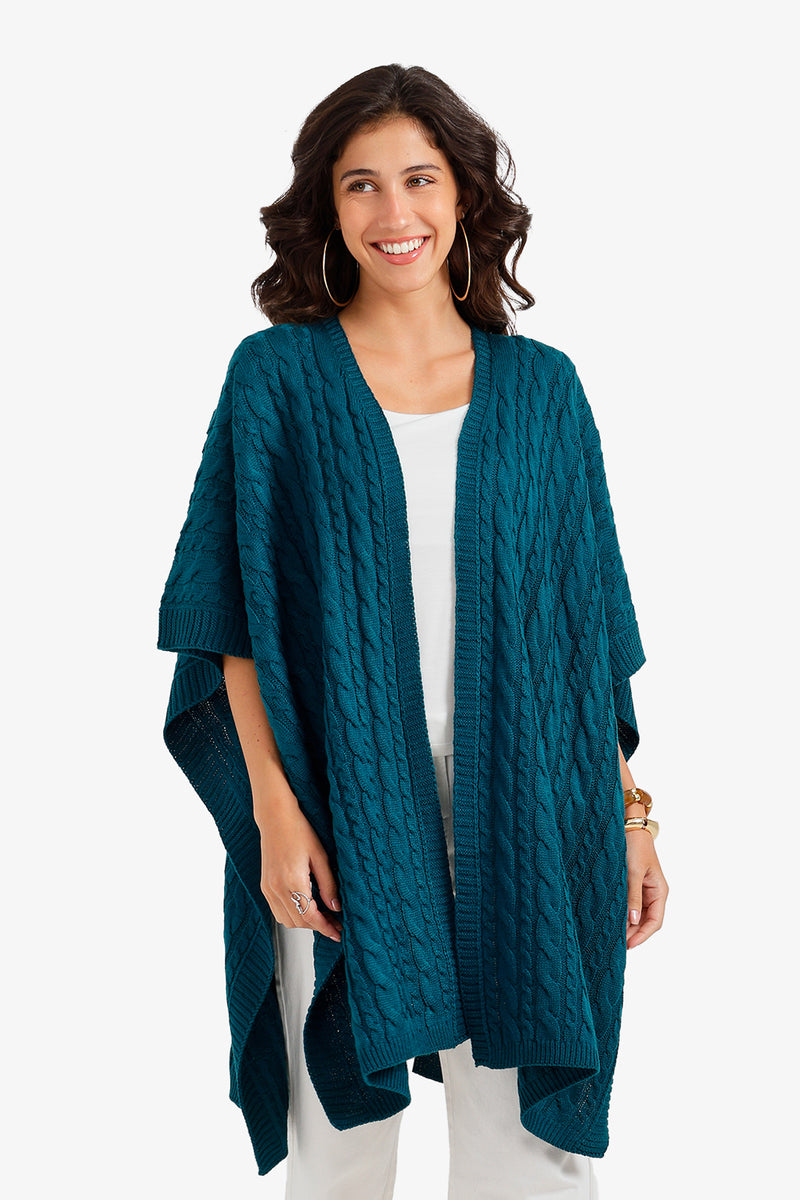 Cable-Knit Open-Front Poncho – Dark Teal