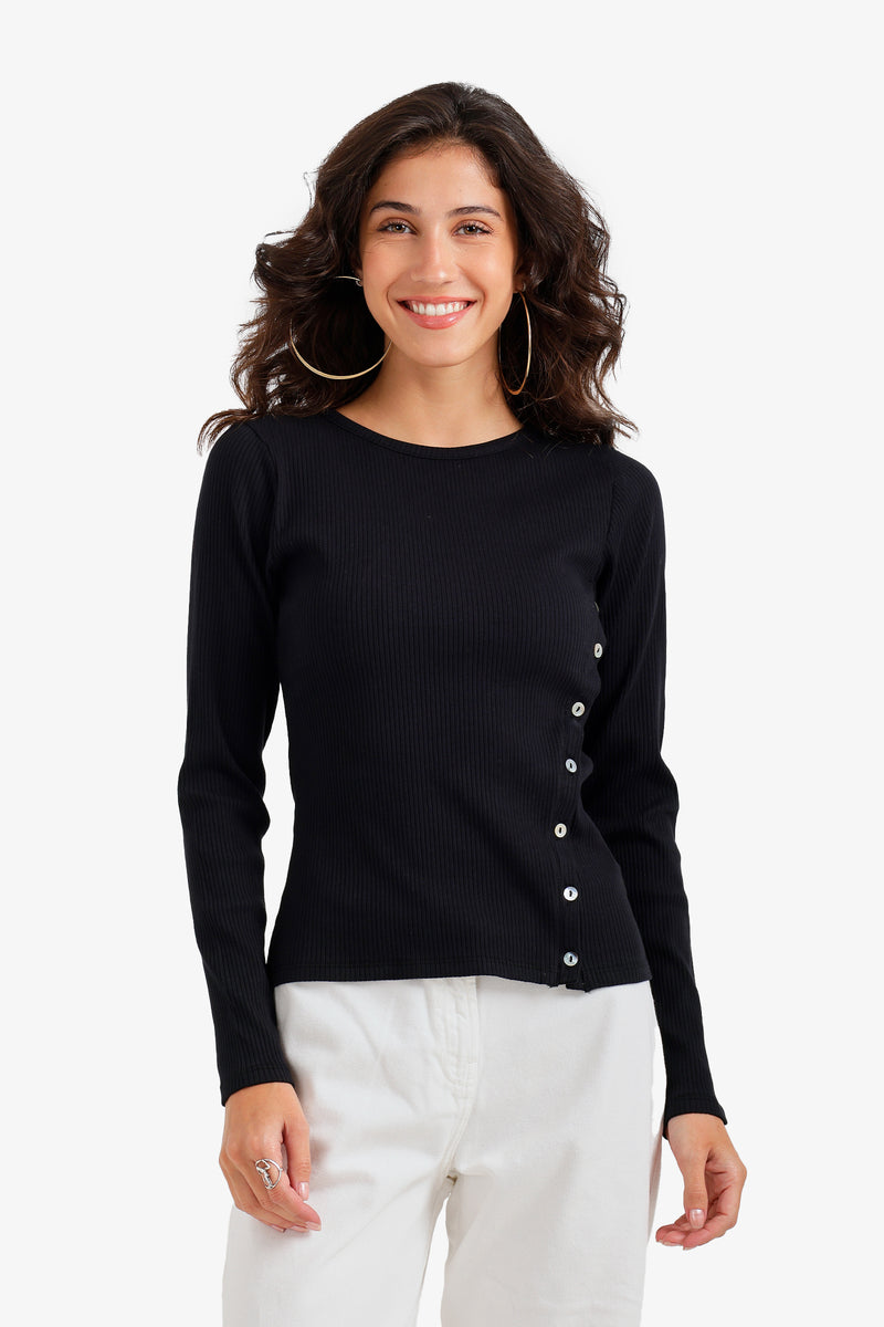 Buttoned Long Sleeves Top - Black